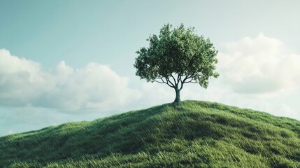 Fototapeta premium Lone tree on a grassy hill with a serene sky, capturing the beauty of nature and tranquility in a stunning landscape.