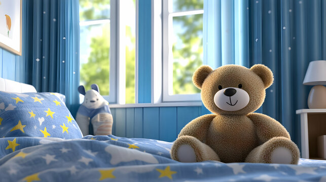 Cozy 3D Cartoon Teddy Bear Nestled in a Childa??s Bedroom with Starry Bedding and Calming Blue Walls, Creating a Nurturing Environment  -