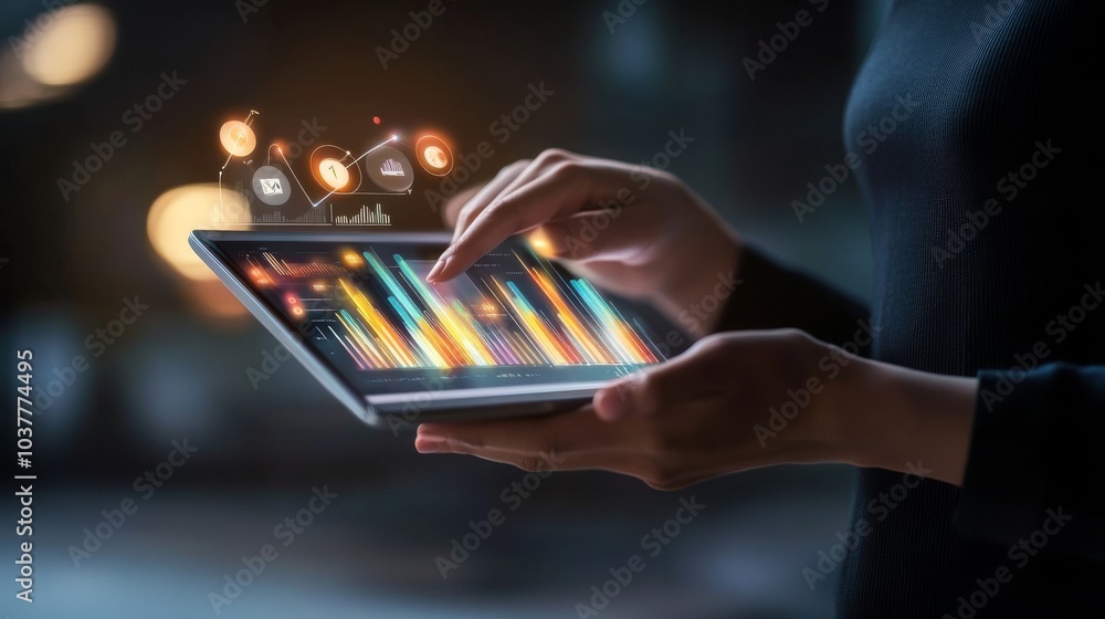 Poster person using tablet to analyze data with vibrant visualizations, showcasing modern technology and di