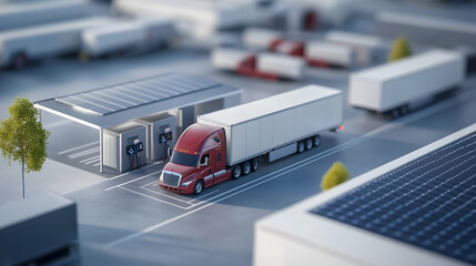 Fototapeta premium Electric Cars and Semi-Trucks Charging at Renewable Energy Stations in a Modern Logistics Center -
