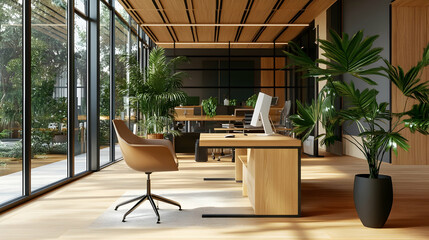Fototapeta premium Elegant office space with a wooden table, greenery, and natural light, evoking warmth and productivity -