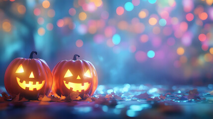 Enchanting 3D Cartoon Halloween Scene with Glowing Jack-O-Lanterns Amid Mysterious Bokeh Lights, Capturing the Magic of the Holiday  -