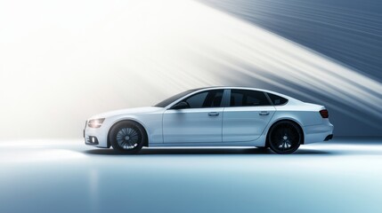 Modern white sedan parked under dramatic lighting, showcasing sleek design and luxury features in an artistic setting.
