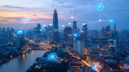 Fototapeta premium Wireless network and Connection technology concept with Abstract Bangkok city background in panorama view. 