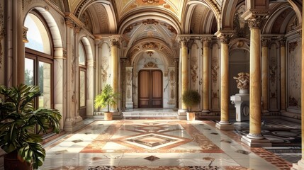 Obraz premium Elegant Hallway with Marble Pillars and Intricate Details
