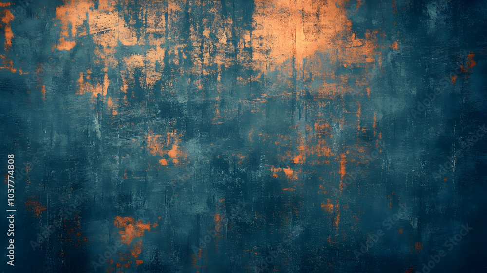 Poster grungy abstract background with orange glitch noise on a blue scratched texture -