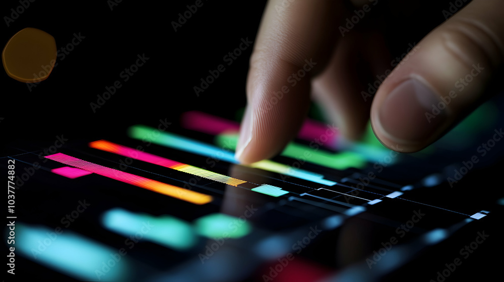 Poster hand pointing to a financial chart on a dark background indicating data analysis and financial asses