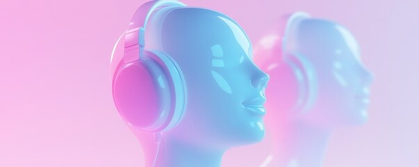 Stylish blue mannequin heads with headphones, showcasing modern design and vibrant colors in a dynamic, artistic environment.