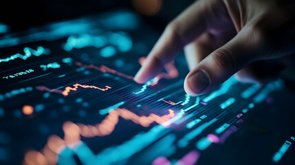 Hand Pointing to a Financial Chart on a Dark Background Indicating Data Analysis and Financial Assessment  -