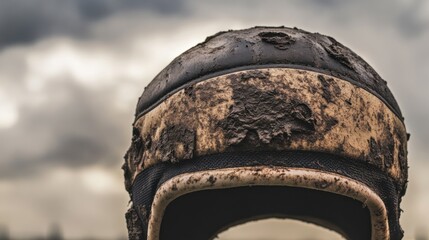A rugby scrum cap with mud stains, outdoor setting under cloudy skies, Gritty style