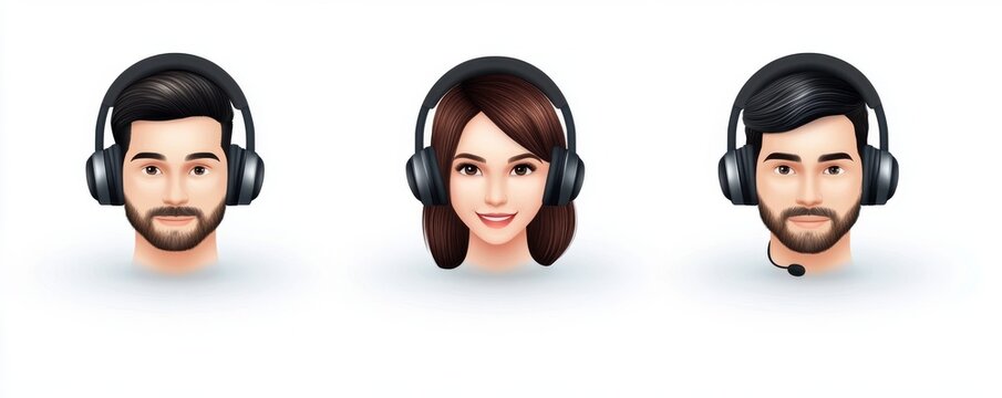 Three headset-wearing avatars representing customer support, communication, and service excellence in a modern design.