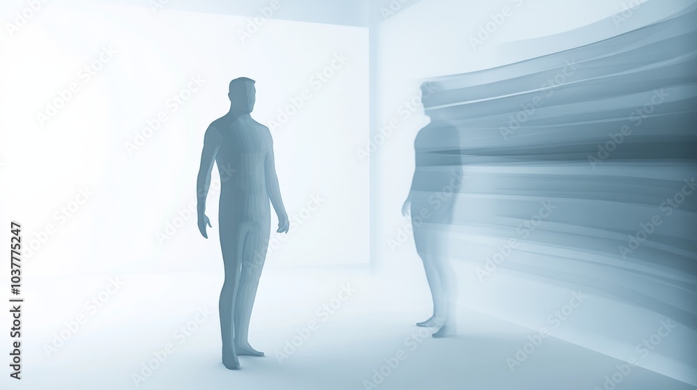 Aufkleber two abstract human figures in a minimalist environment, representing concepts of identity and existe