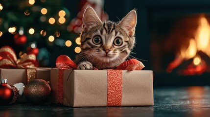 Cute Cat with Christmas Gift by Cozy Fireplace