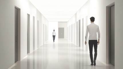 Fototapeta premium Two figures walk down a bright, minimalist corridor with closed doors, evoking a sense of mystery and anticipation.