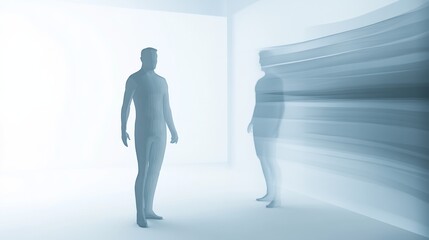 Obraz premium Two abstract human figures in a minimalist environment, representing concepts of identity and existence in a surreal setting.