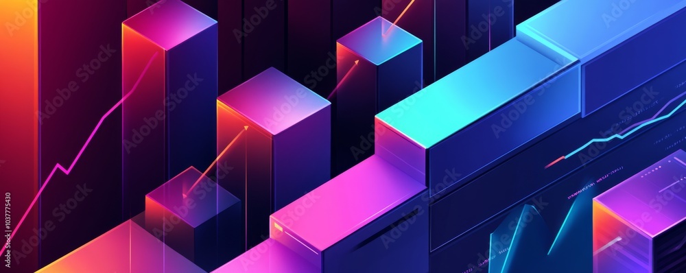 Poster vibrant abstract visualization with colorful bars and lines representing data trends in a modern dig