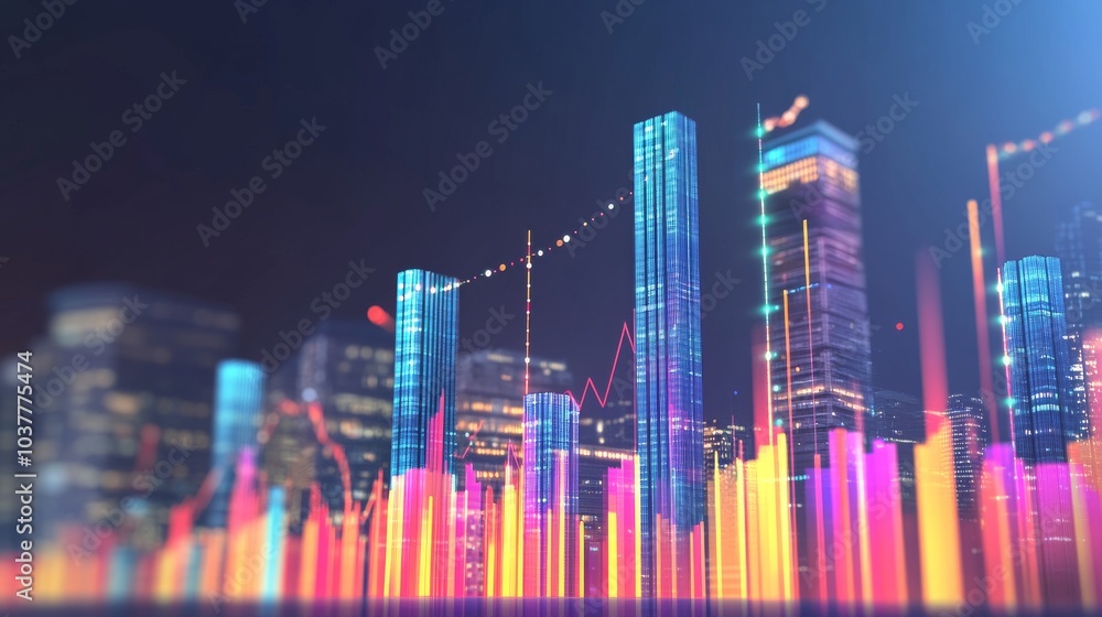 Poster vibrant city skyline with colorful digital graphs representing financial growth and data analysis in