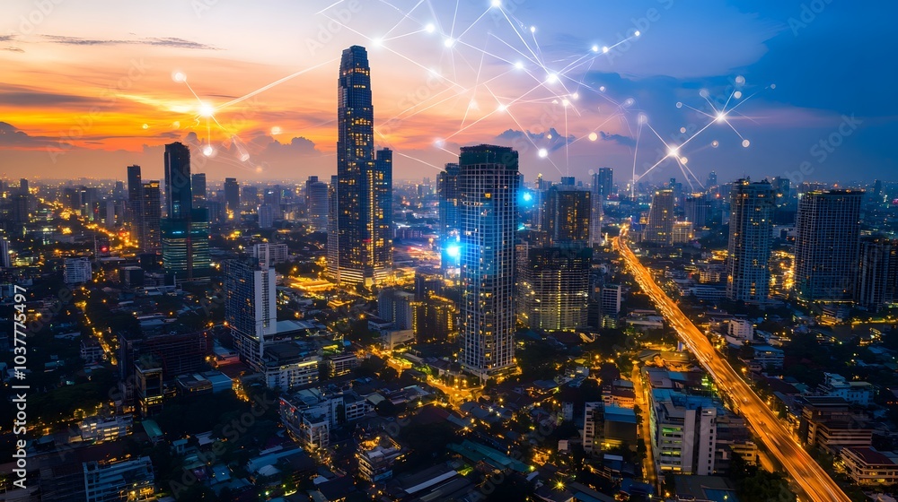 Poster wireless network and connection technology concept with abstract bangkok city background in panorama