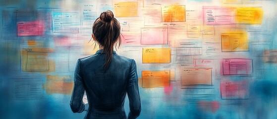 Exploring creativity and organization a woman analyzing colorful notes for project planning and idea development