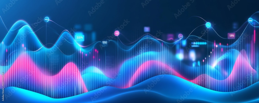 Poster vibrant digital wave with data visualizations. ideal for illustrating technology, analytics, and tre