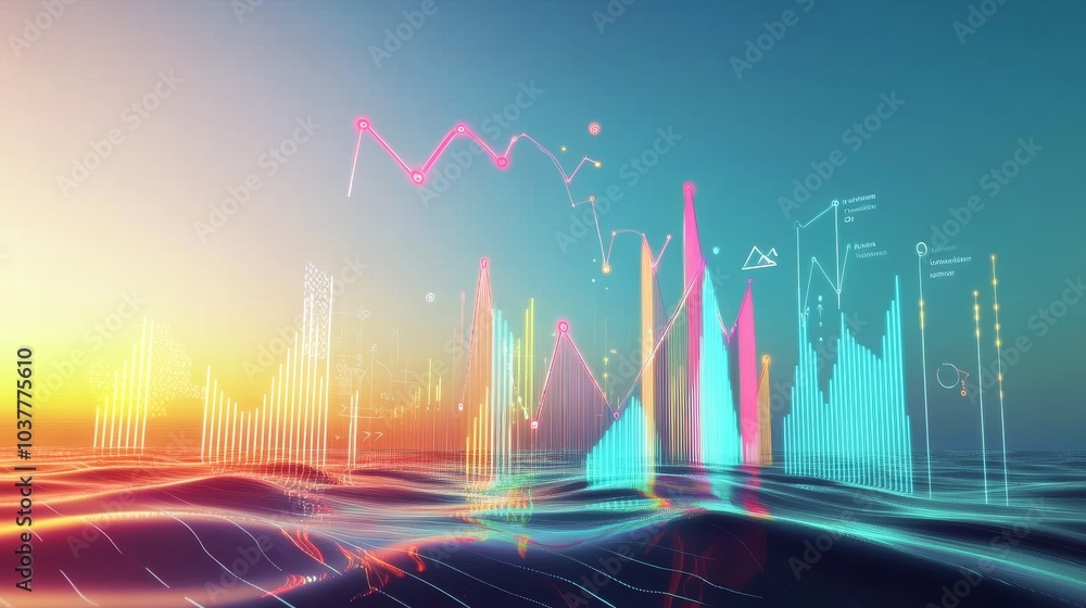 Aufkleber vibrant gradient waves with colorful digital graphs representing data trends against a serene backgr