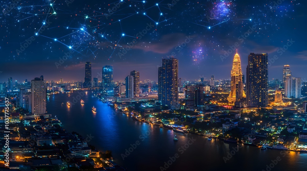 Poster wireless network and connection technology concept with abstract bangkok city background in panorama