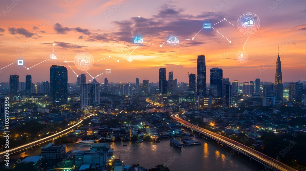 Poster wireless network and connection technology concept with abstract bangkok city background in panorama