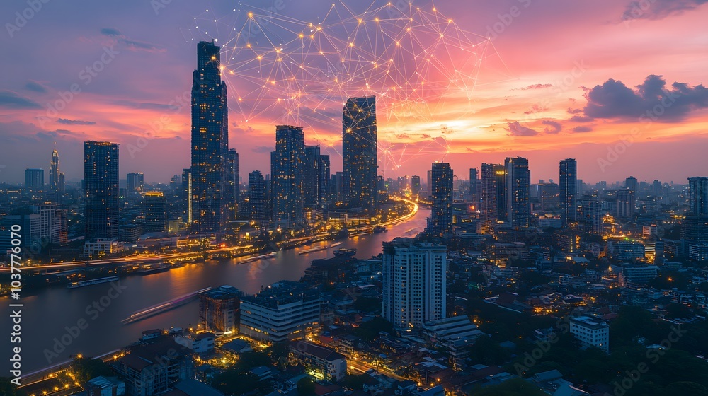 Poster wireless network and connection technology concept with abstract bangkok city background in panorama