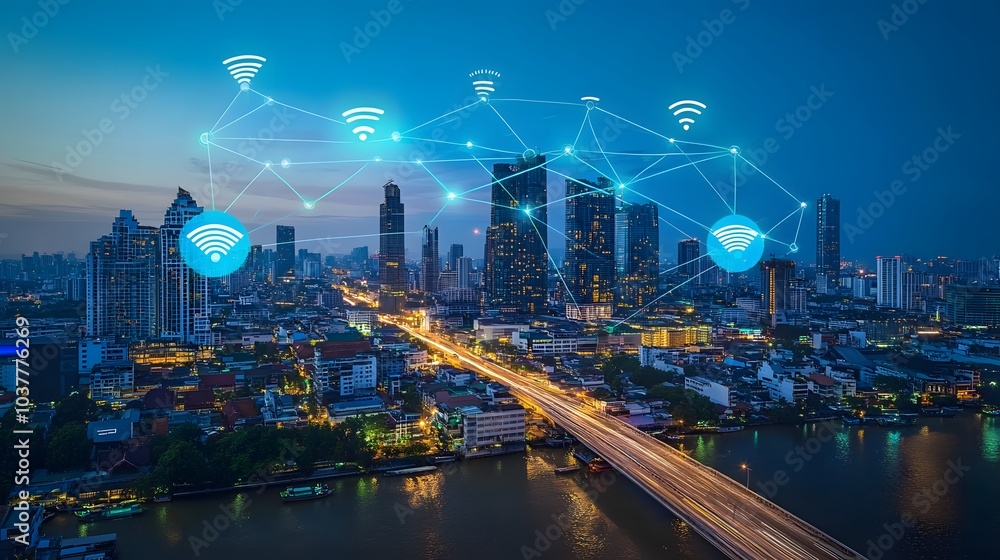 Poster wireless network and connection technology concept with abstract bangkok city background in panorama