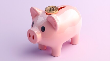 Piggy Bank with Bitcoin Coin on Top