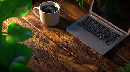 Cozy workspace with coffee and laptop