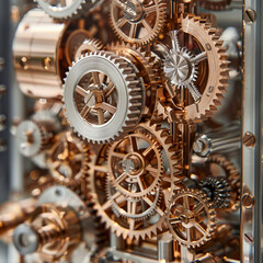 Close Up of Interlocking Metal Gears in a Mechanical Clock