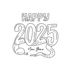 Sketch drawing of New Year 2025  celebration vector illustration. New Year 2025 with snake ornament in simple linear concept vector design. New Year 2025 celebration themes design vector illustration