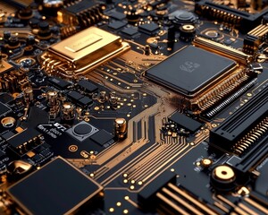 A close up of a computer chip with gold and black colors