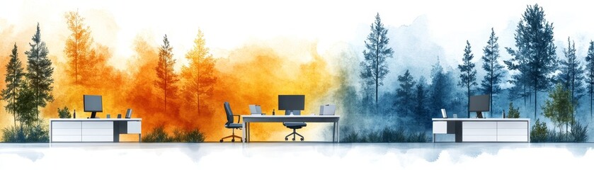 Fototapeta premium Harmonizing nature and technology a visual exploration of dual office environments surrounded by vibrant forests