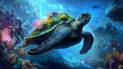 Obraz premium A large sea turtle swims through an underwater paradise, its shell covered in colorful coral and surrounded by other marine life.