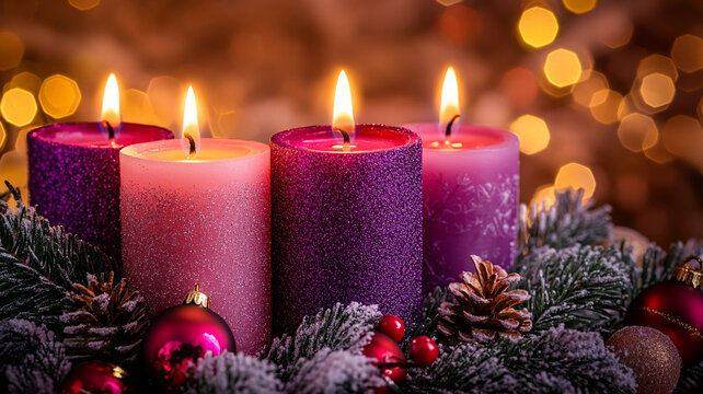 Festive advent candles lit with warmth during the Christmas season surrounded by decorations