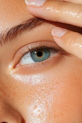 Fototapeta premium Close-Up of Blue Eye with Glowing Skin and Hand