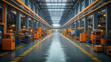 A spacious industrial warehouse filled with organized equipment.