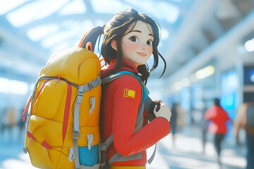 3D cartoon illustration of a young woman navigating as a backpacker in a transit area, illustrating travel concepts   