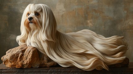 A long-haired dog elegantly posed on a textured surface.