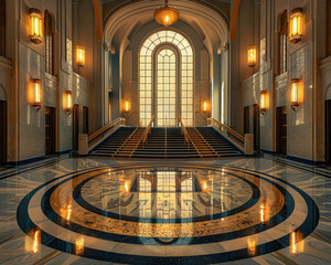 Obraz premium Grand Staircase with Stained Glass Window and Circular Floor Pattern