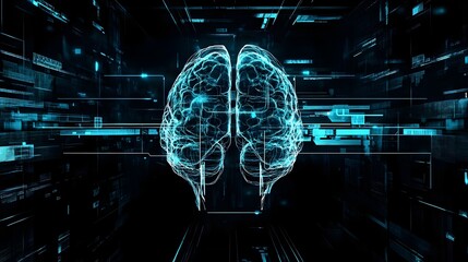 Neon blue glowing futuristic brain scan technology