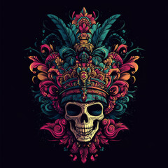 A vector design for a t-shirt, featuring a skull wearing a mask with an elaborate headdress made of colorful patterns and swirls, background is black, creating a dark and mysterious mood