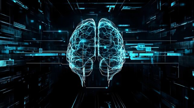 Neon blue glowing futuristic brain scan technology