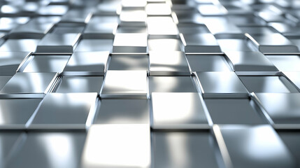 Obraz premium Abstract 3D background with geometric square shapes casting shadows in a white room, featuring polished metallic panels and blurred reflections. 