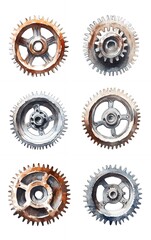 A set of six watercolor painted gears, some are rusty and others have a polished finish.