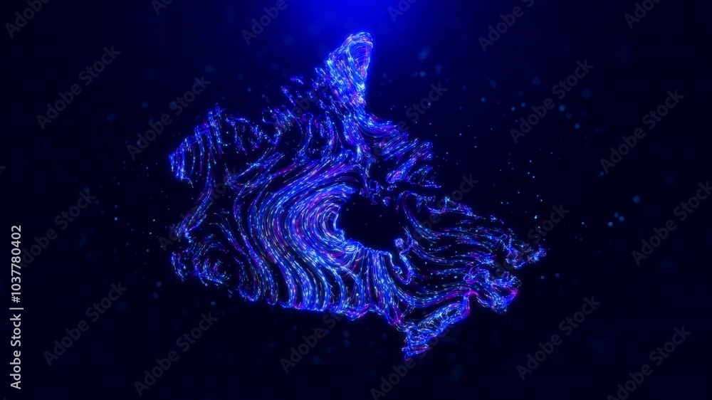 Poster abstract motion view canada map design, featuring glowing blue hairlines, dynamic flowing patterns, 