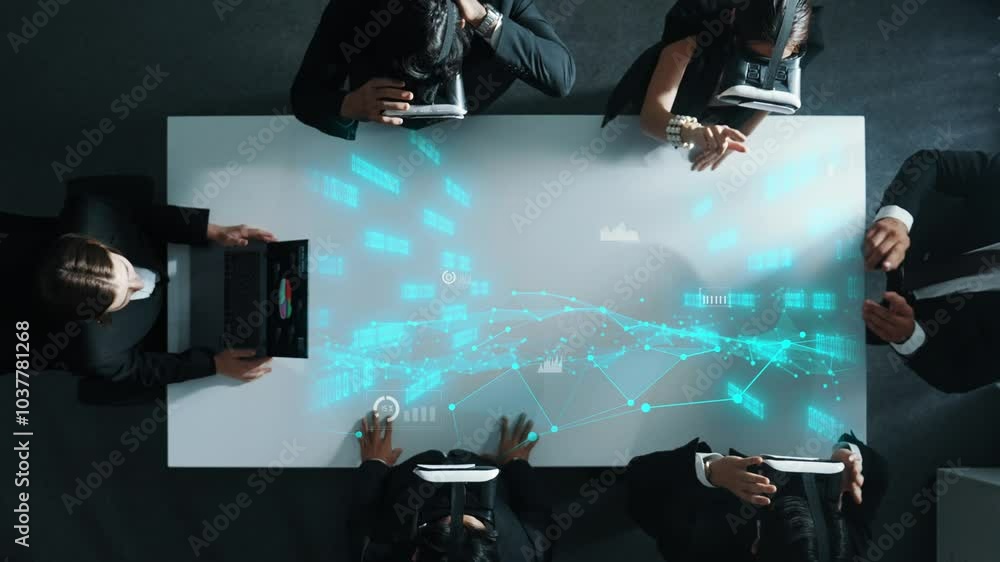 Poster project manager using laptop send data analysis while smart business team wear vr and working in met