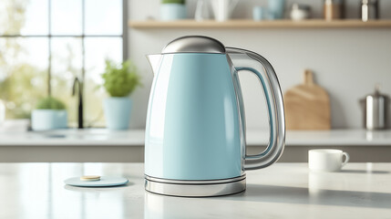 An electric kettle mockup displayed on a simple kitchen countertop, featuring a blank area for custom branding.
